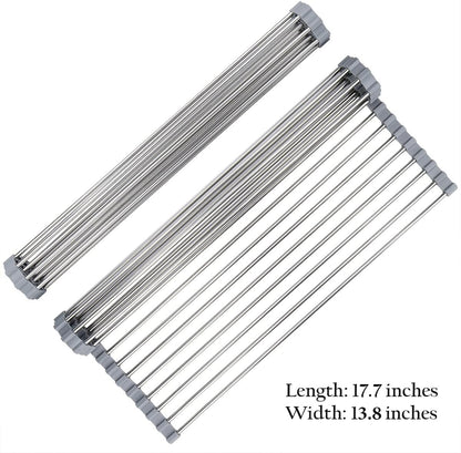 Roll-Up Sink Drying Rack 17.7"(L) x 13.8"(W) - Multipurpose Heat Resistant Over The Stainless Steel & Silicone Dish Rollable Kitchen Drainer, Gray