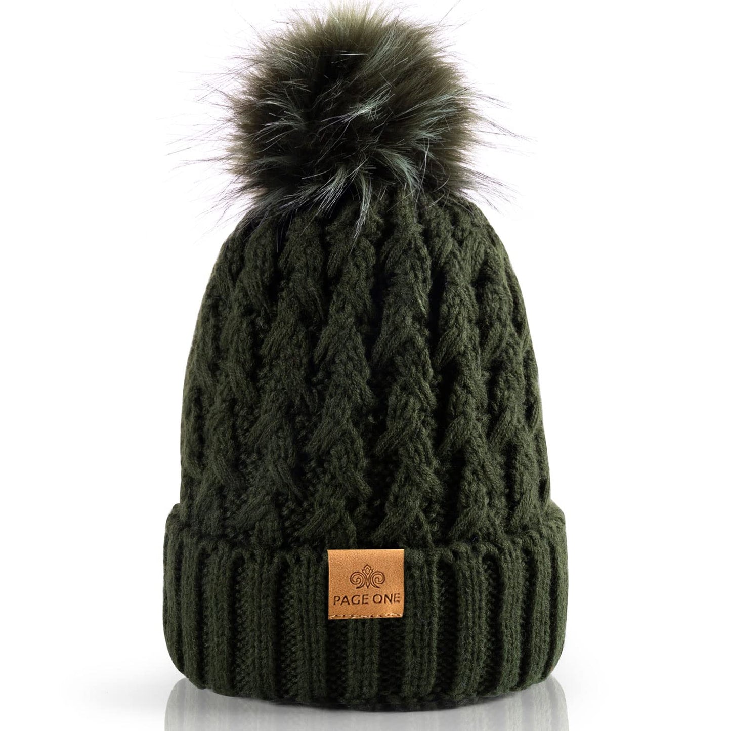 PAGE ONE Womens Winter Ribbed Beanie Crossed Cap Chunky Cable Knit Pompom Soft Warm Hat