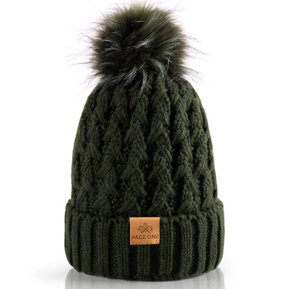 PAGE ONE Womens Winter Ribbed Beanie Crossed Cap Chunky Cable Knit Pompom Soft Warm Hat