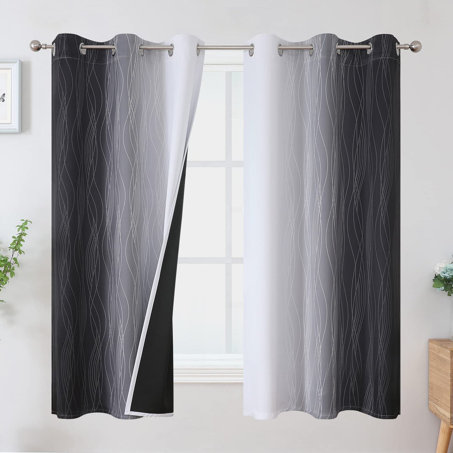 Estelar Textiler Beige and Greyish White Blackout Curtains for Living Room, Full Room Darkening Gradient Drapes for Bedroom, Thermal Insulated Ombre Grommet Curtains for Dining Room,52Wx84L,2 Panels