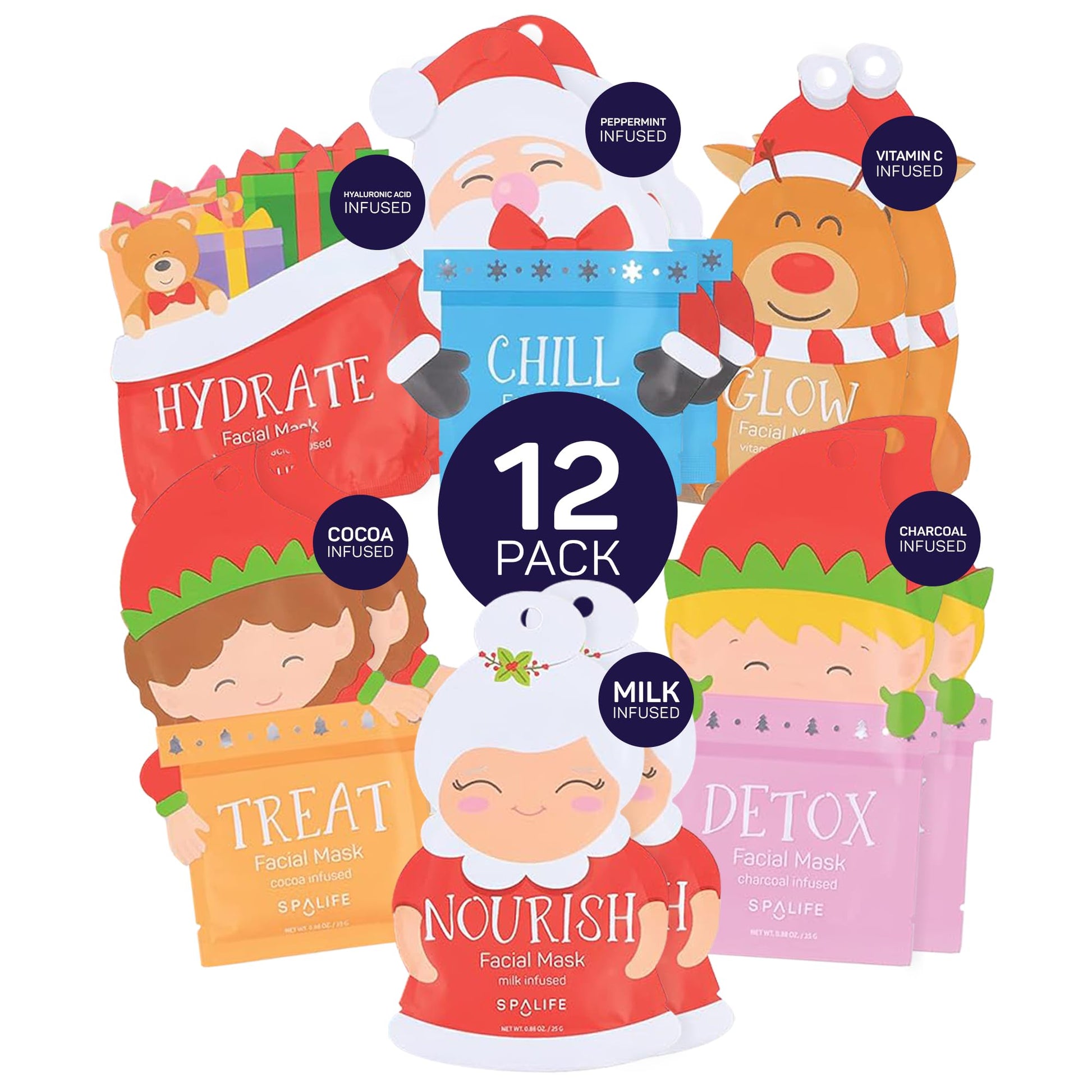 SpaLife Beauty Santa’s Workshop Christmas Face Mask Bundle | Korean Facial Masks | Hydrating, Soothing and Firming Sheet Mask Set | Christmas Face Masks for Women | Spa Party Favors | 12 Pack
