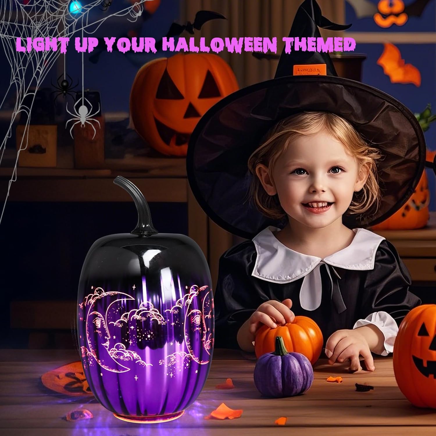 VCUTEKA Glass Pumpkin Lights, Lighted Pumpkins Halloween Decorations for Home, Pumpkin for Indoor Decor and Thanksgiving Centerpieces Tables Decor, Purple