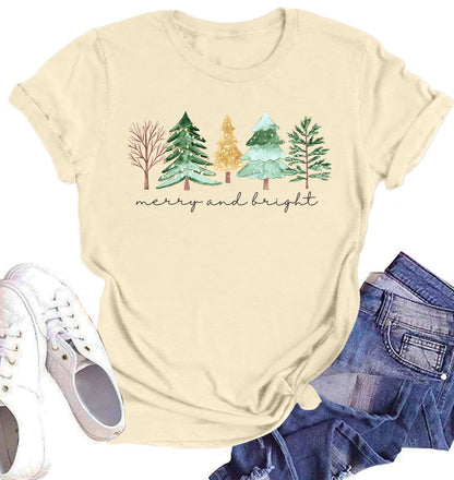 Believe Christmas Shirt for Women Christmas Tree Graphic T-Shirts Believe Letter Print Tees Holiday Tops