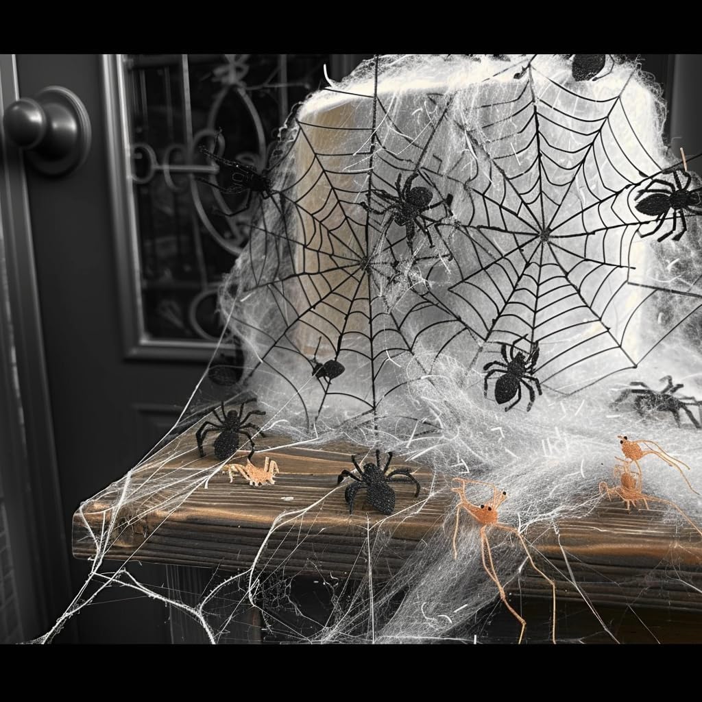 1000 sqft Halloween Spider Webs Decorations with 120 Extra Fake Spiders, Super Stretchy Cobwebs for Halloween Decor Indoor and Outdoor