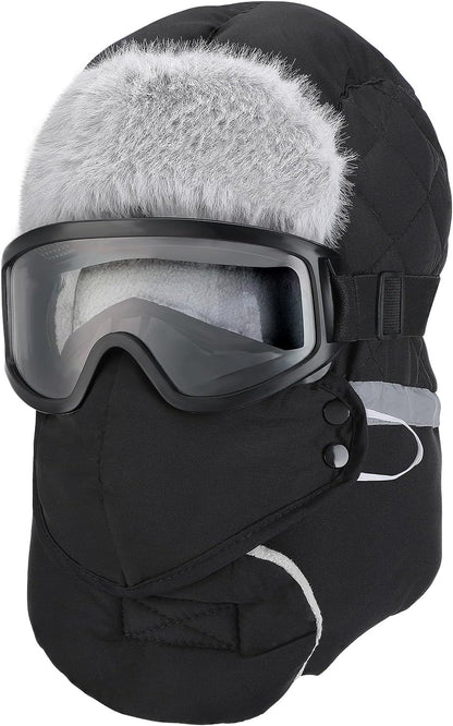 Winter Trapper Hat for Men - Windproof Warm Fleece Men's Hat with Removable Face Mask Goggles Ear Flaps, Christmas Winter Gift Black