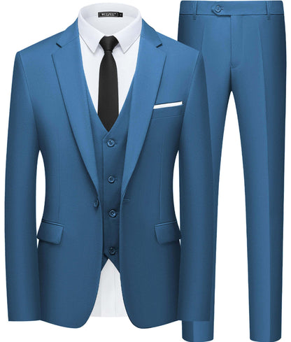 WULFUL Men’s Slim Fit Suit One Button 3-Piece Blazer Dress Business Wedding Party Jacket Vest & Pant
