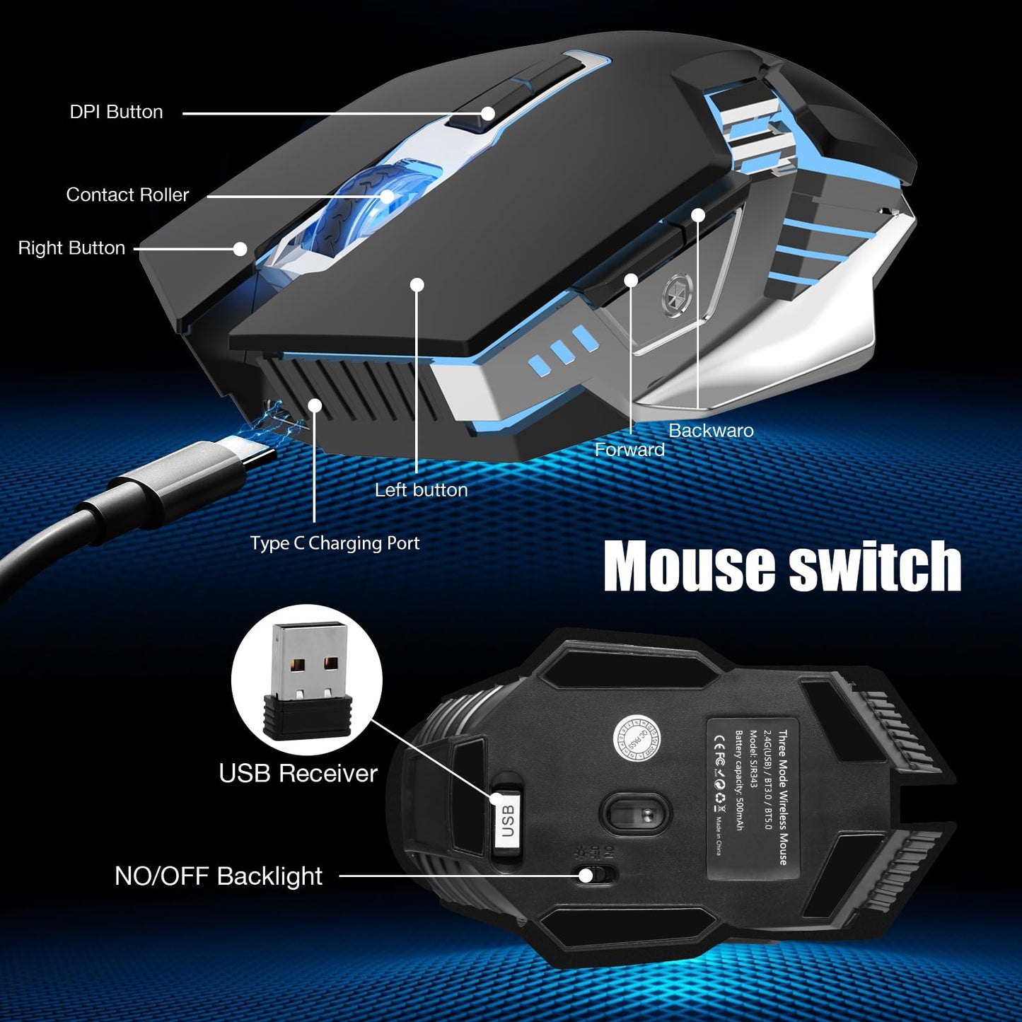 Bluetooth Gaming Mouse, RGB Rechargeable USB Wireless Mouse, Quiet Click, LED Backlit, Ergonomic, with Side Button, 6 Button, DPI Adjustable, Computer Mice for Laptop PC MacBook Chromebook - Grey