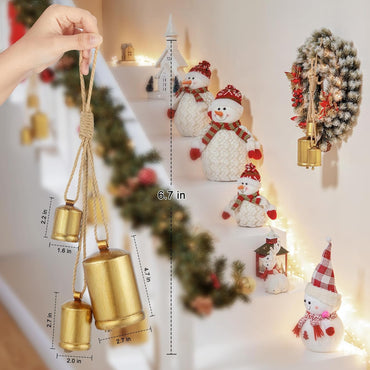 Minetom Set of 3 Christmas Bells, Decoraitve Brass Bells with Jute Hanging Rope for Christmas Decor Wreath Garland Tree Doors Windows Rustic Home Decor, Vintage Iron Bells