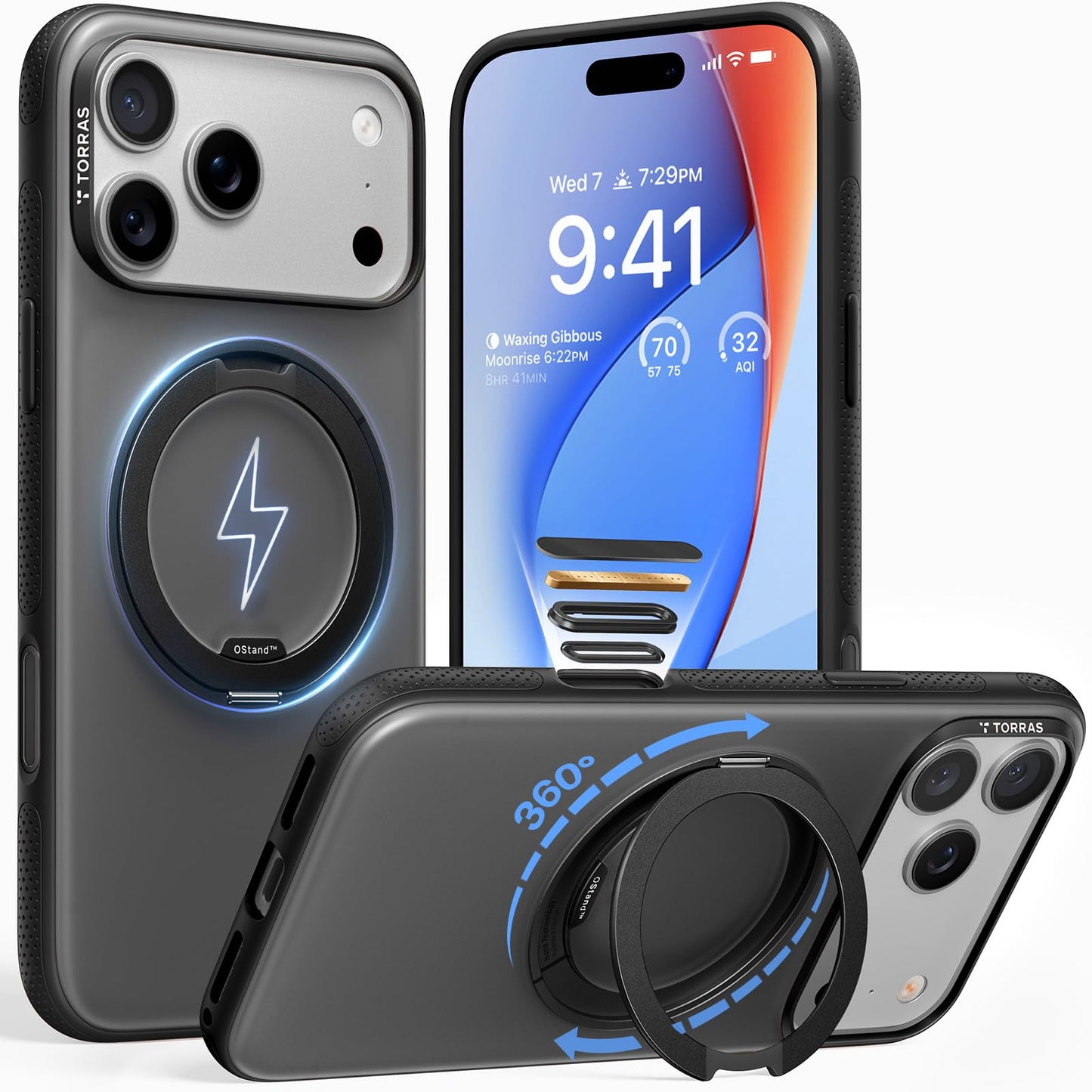 TORRAS 360 Magnetic Stand for iPhone 17 Pro Max Case, [Fit for MagSafe] [4X Military-Grade Protection] Slim Case for iPhone 17 Pro Max, 6.9", Translucent Deep Blue, Ostand O3 Fitness Series