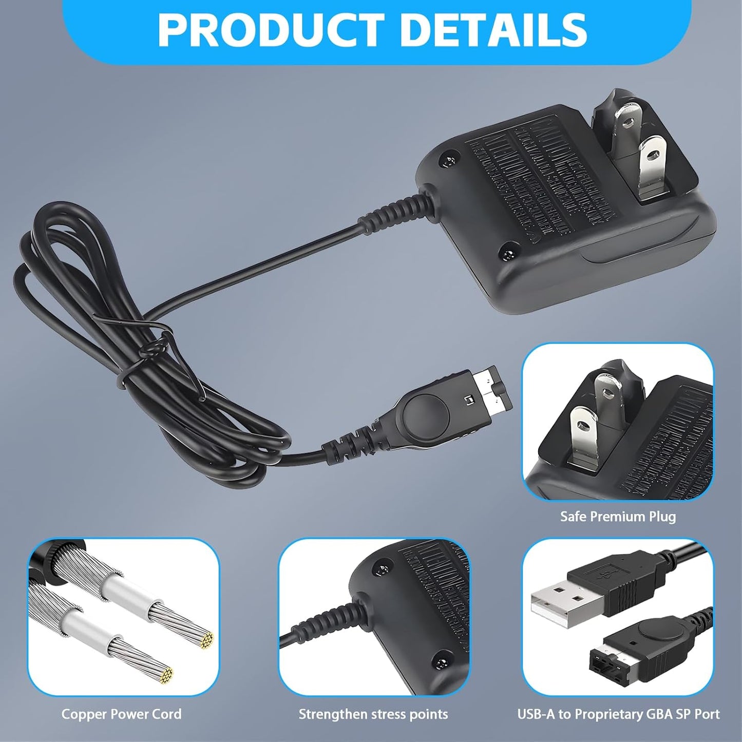 Gameboy Advance SP Charger - AC Wall Adapter & USB Charging Cable Compatible with Nintendo DS/GBA SP Systems, Portable Travel Power Cord for Gaming Accessories