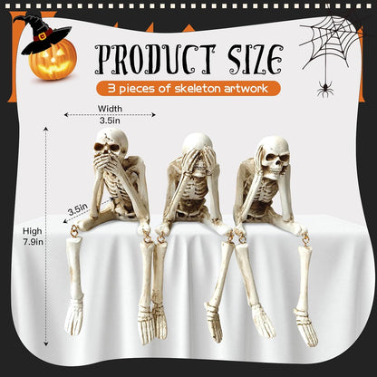 Halloween Skeleton Statues Set of 3 – See No Evil, Hear No Evil, Speak No Evil, Resin Skull Figurines for Gothic Home Decorations, Shelf Mantel Decor, Tabletop Halloween Decor Indoor (3-Piece Set)