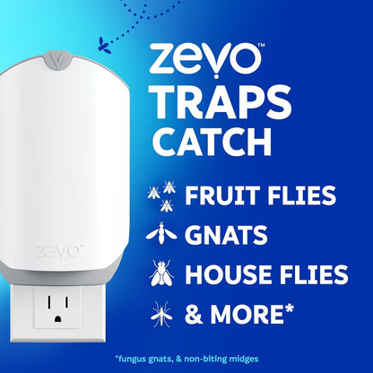 Zevo 2 Flying Insect Traps & 2 Cartridges - Plug In Fly Trap & Indoor Bug Catcher for Gnats, House & Fruit Flies - Mess-Free - Use in Any Room - Uses Blue & UV Light (2 Plug In Devices & 2 Cartridges)