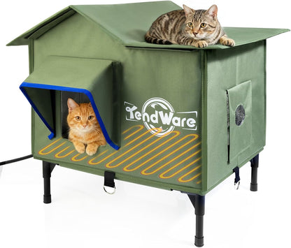Outdoor Cat House Heated Cat House for Outside with Elevated Base Cat-Attracting Eave Design Feral Stray Shelter Weatherproof in Winter Garage Yard Porch Size M