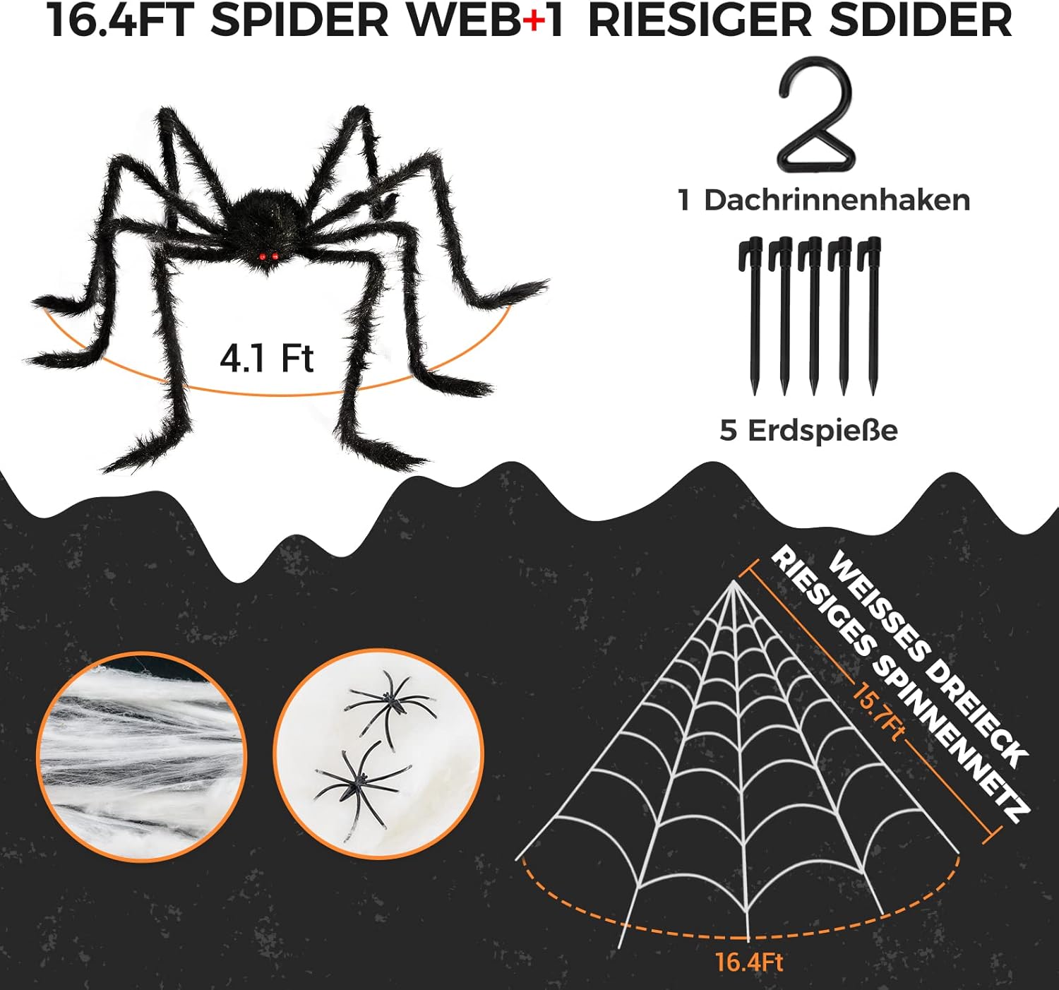 BOSONER Halloween Decorations Outdoor Spider Webs: 1Pcs Giant Spiders - 200'' Triangular Web with Hook - Stretch Web and Ground Stakes for Large Halloween Decor and Haunted House Decoration