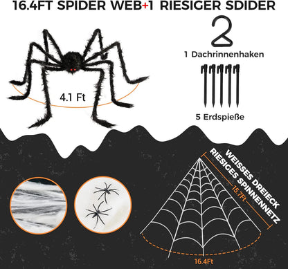 BOSONER Halloween Decorations Outdoor Spider Webs: 1Pcs Giant Spiders - 200'' Triangular Web with Hook - Stretch Web and Ground Stakes for Large Halloween Decor and Haunted House Decoration