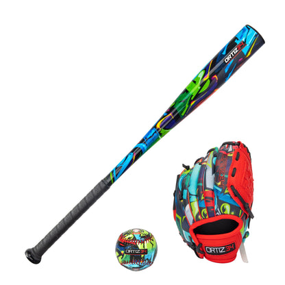 Youth T-Ball Set, 25” Signature Aluminum T-Ball Bat with -10 Drop, Foam Core T-Ball, 9” Lightweight Youth Glove, Vibrant Graffiti Print