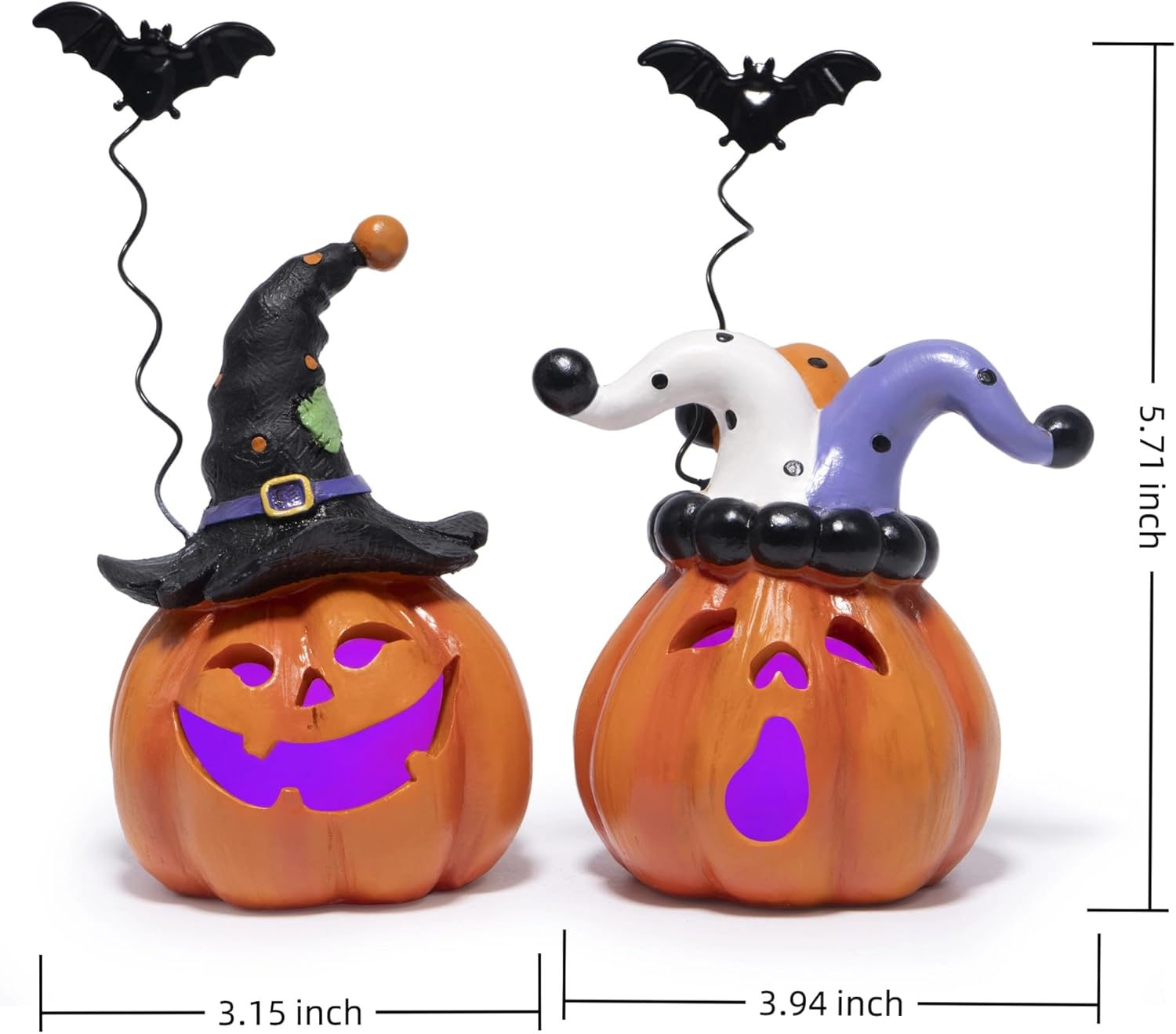Hodao Halloween Pumpkin Decor Indoor, Resin Halloween Figurines with Light, Jack O Lantern Decorations with Witch Hat & Flying Bat for Home Bedroom Table Office Party Gift - 2 Pcs