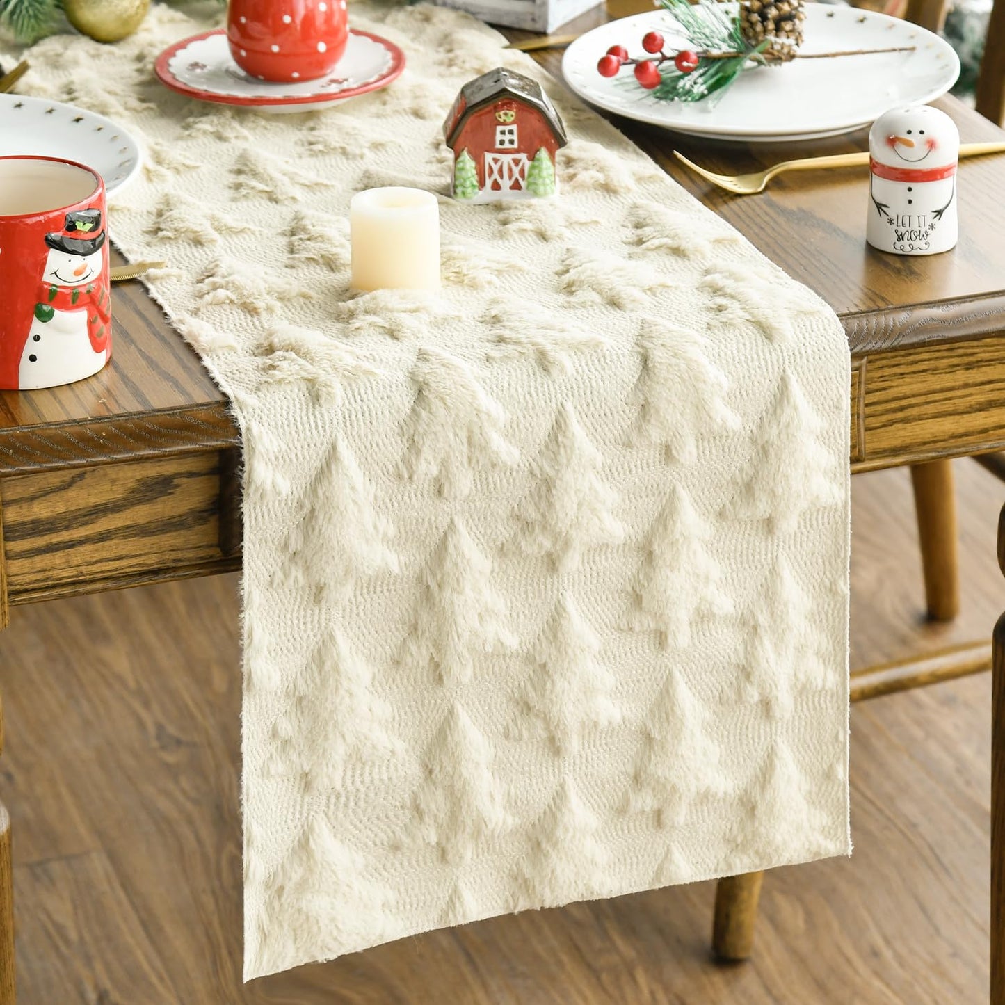 Artoid Mode Christmas Trees Green Soft Plush Faux Fur Jacquard Christmas Table Runner, Holiday Kitchen Dining Table Decoration for Home Party Decor 13x72 Inch