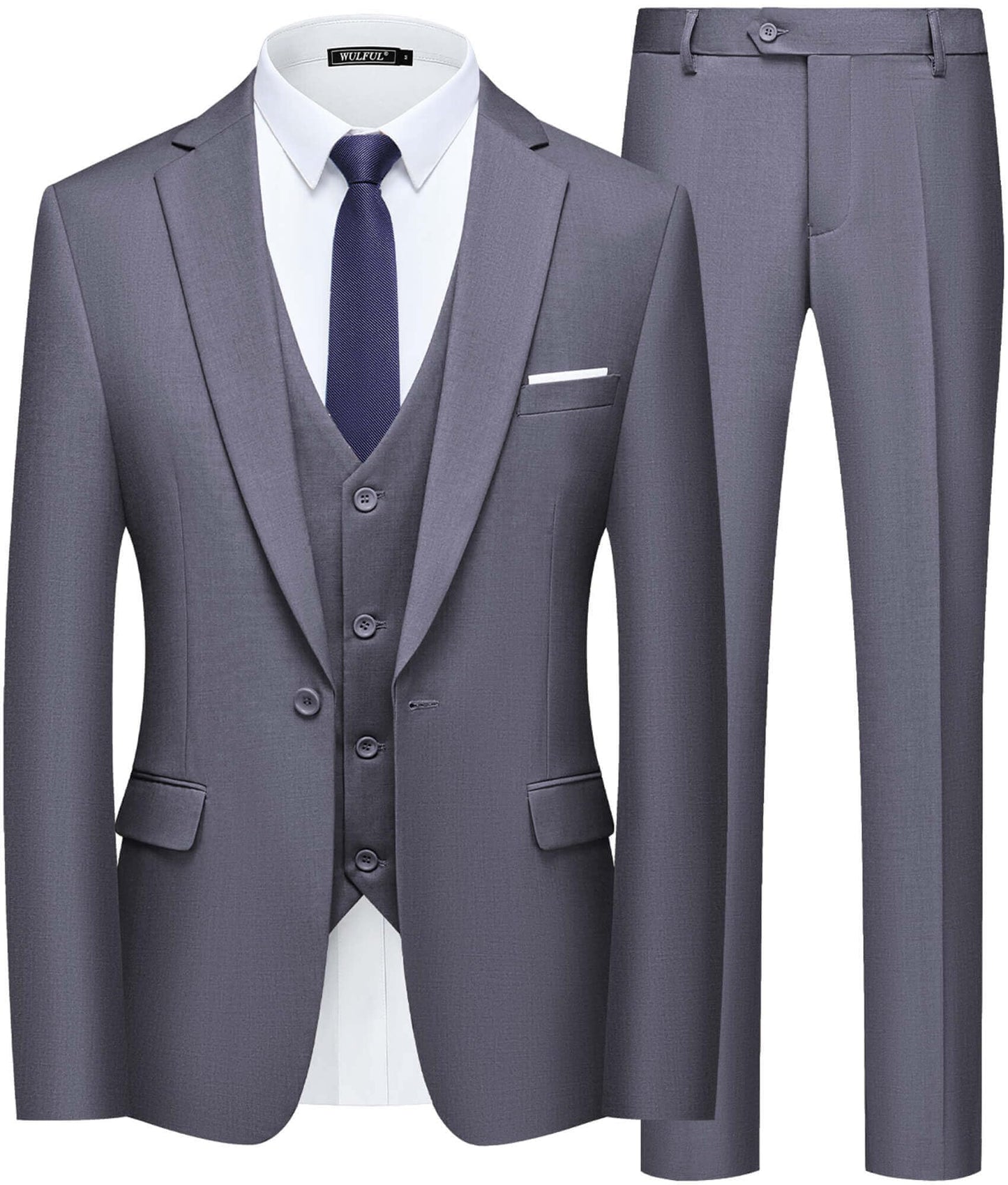 WULFUL Men’s Slim Fit Suit One Button 3-Piece Blazer Dress Business Wedding Party Jacket Vest & Pant