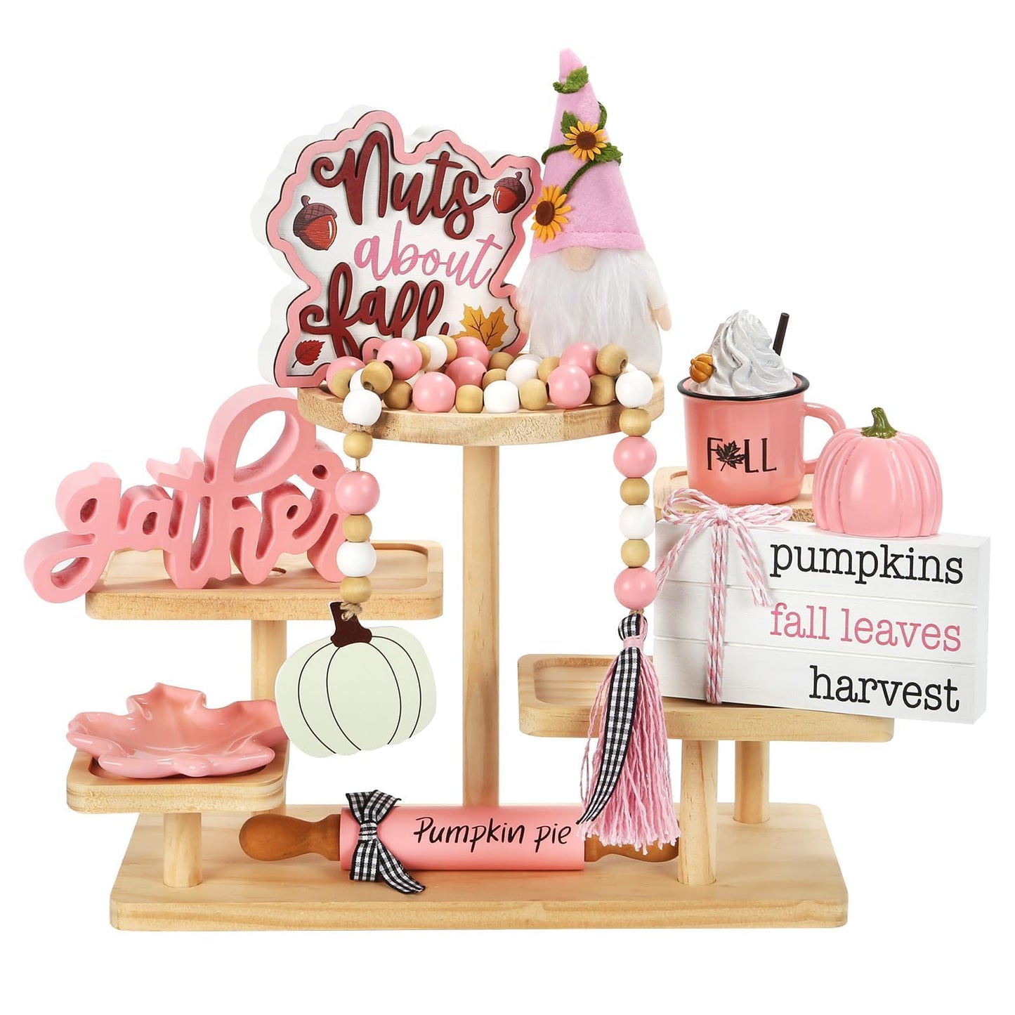Pink Christmas Decorations 8 PCS Tiered Tray Decor Set, Cute Girlie Tabletop Christmas Decor for Home Shelf Mantel Fireplace Office Desk Coffee Bar Pastel Xmas Holiday Table Centerpieces Tray Objects