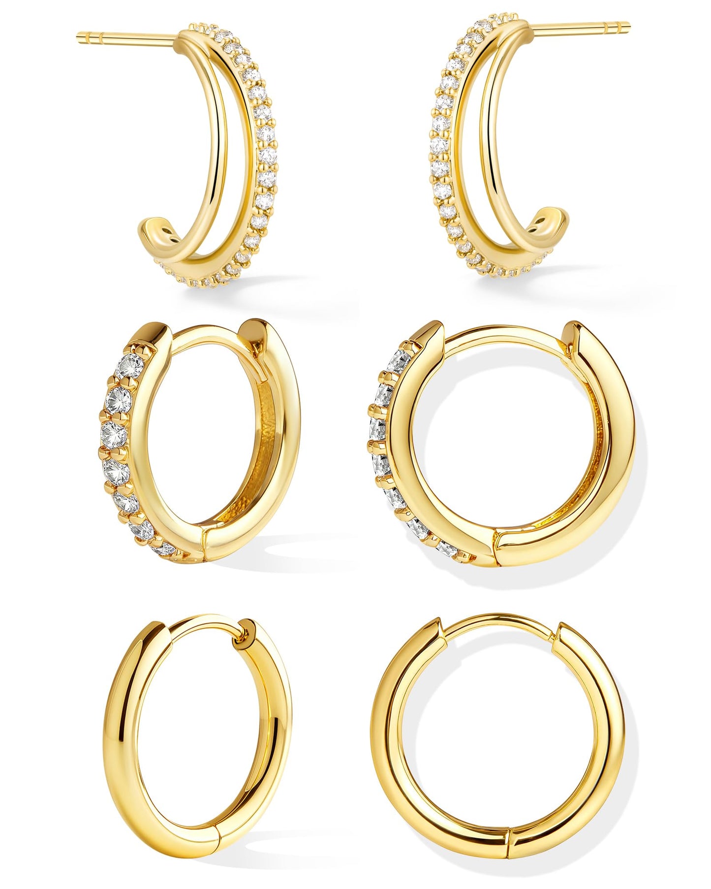 Inerney Gold Huggie Hoop Earrings Set for Women, Dainty Small Sterling Silver Earring Stacks Hypoallergenic Jewelry for Multiple Piercings, Trendy Twisted Cute Cartilage Hoops Birthstone Gift 3 Pairs