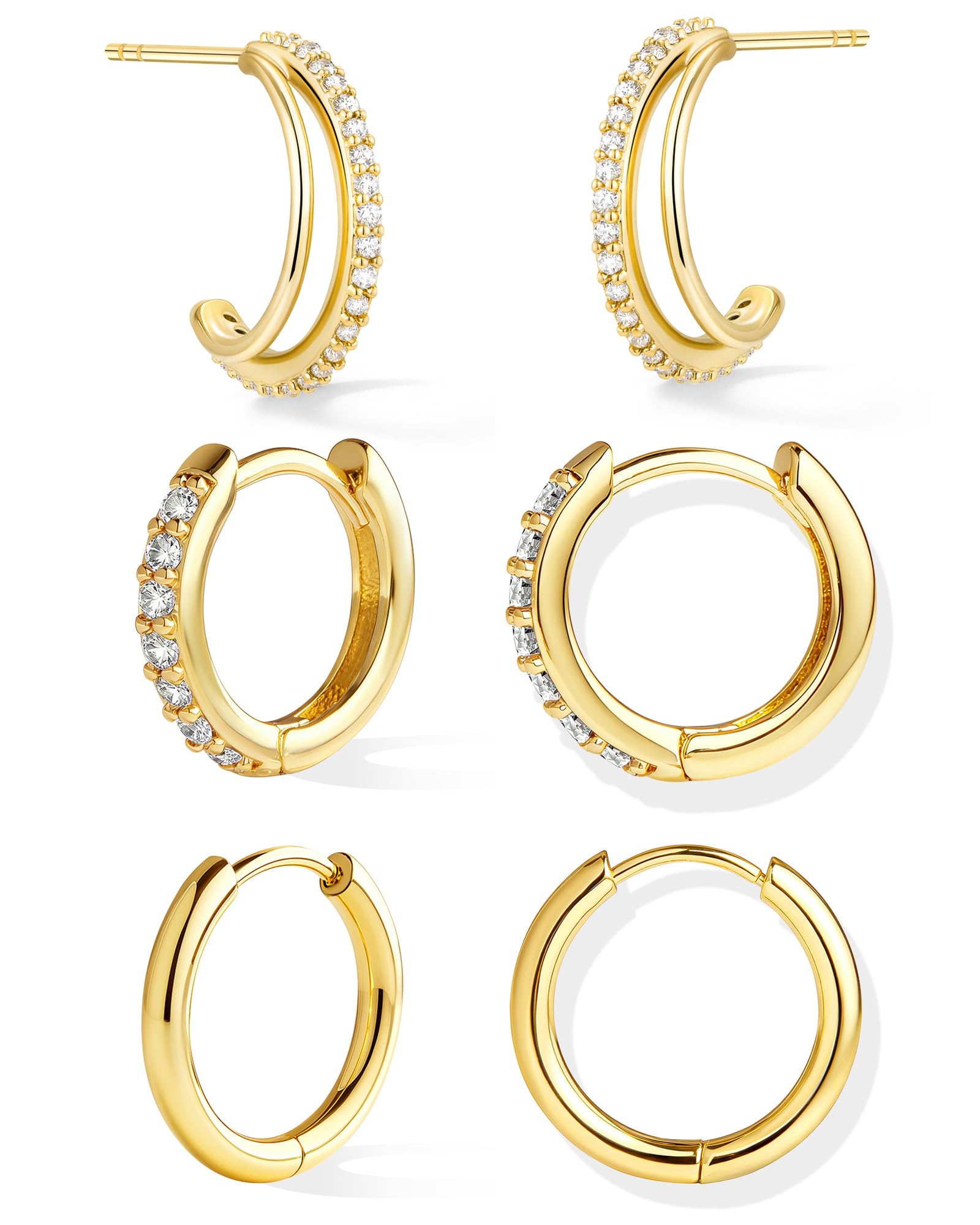 Inerney Gold Huggie Hoop Earrings Set for Women, Dainty Small Sterling Silver Earring Stacks Hypoallergenic Jewelry for Multiple Piercings, Trendy Twisted Cute Cartilage Hoops Birthstone Gift 3 Pairs