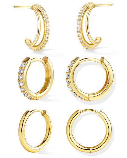 Inerney Gold Huggie Hoop Earrings Set for Women, Dainty Small Sterling Silver Earring Stacks Hypoallergenic Jewelry for Multiple Piercings, Trendy Twisted Cute Cartilage Hoops Birthstone Gift 3 Pairs