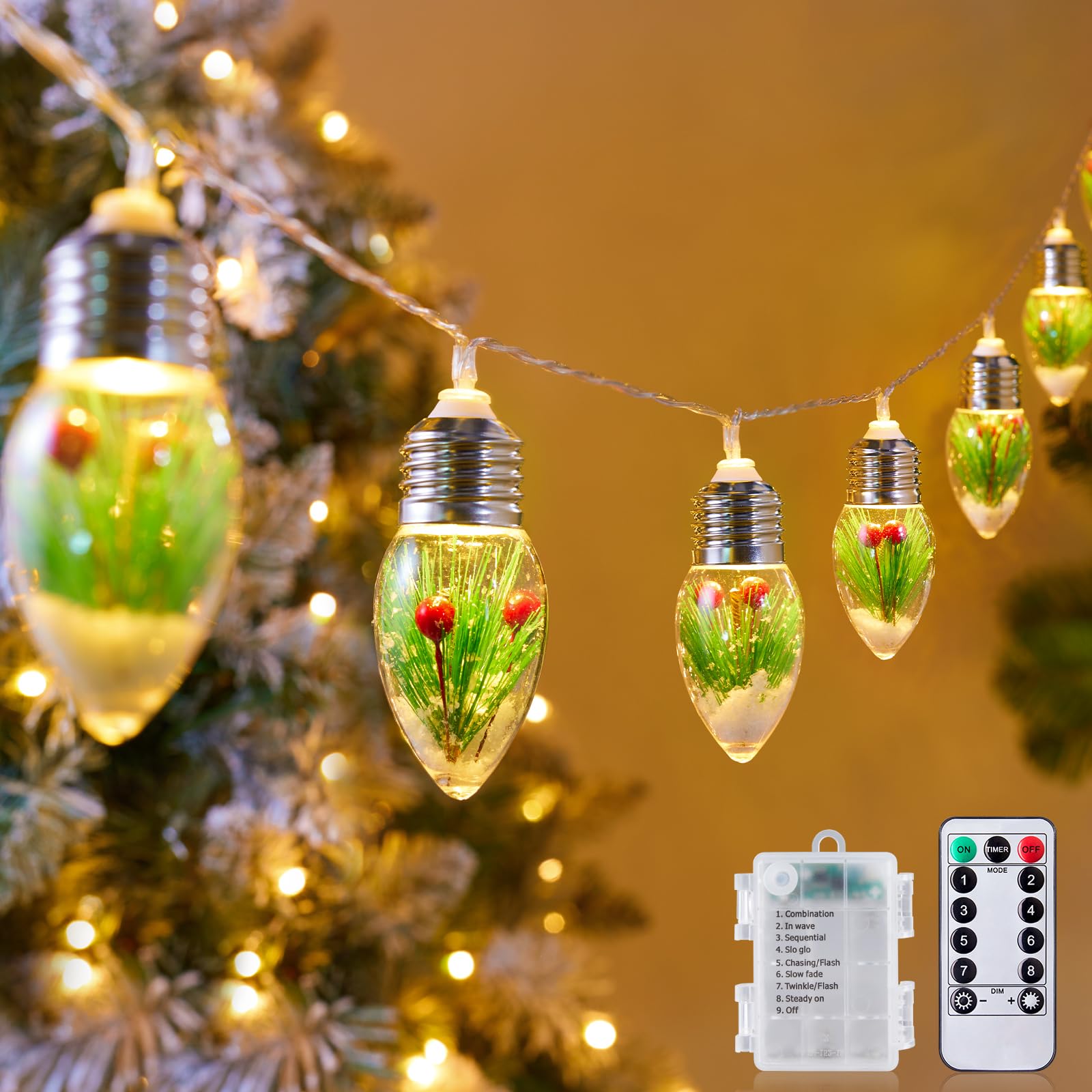 Vintage-Christmas-Lights-Indoor-String-Lights, 7.5Ft C9 Christmas Snow Globe String Lights with Tree & Snow & Cute Ornaments, 8 Modes Battery Operated Lights for Tree Garland Fireplace Xmas Decor