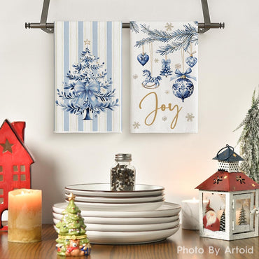 Artoid Mode Blue Porcelain Ornaments Xmas Tree Christmas Kitchen Towels Dish Towels, 18x26 Inch Farmhouse Holiday Winter Decoration Cleaning Set of 4