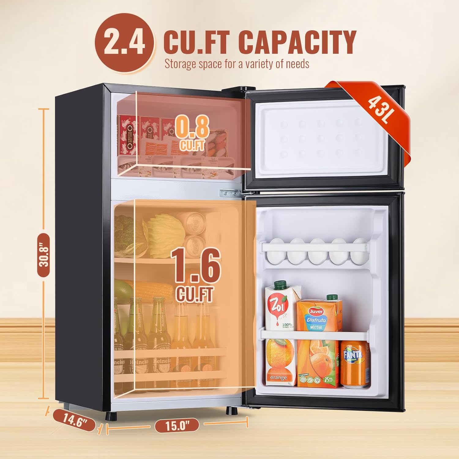 2.4 Cu.ft Mini Fridge with Double Doors Small Refrigerator with Separate Freezer & 7 Adjustable Temperature Control, Tiny Size & Personal Fridge Ideal for Office Apartment Dorm Dark Grey