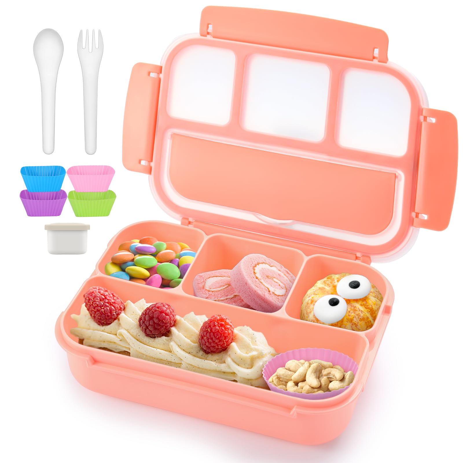 QQKO Bento Lunch Box for Kids Girls Boys, Toddler Kids Lunch Boxes for School, Lunch Containers for Adults with 4 Compartments, Sauce Container, Utensils, Food Picks and Muffin Cups, Purple