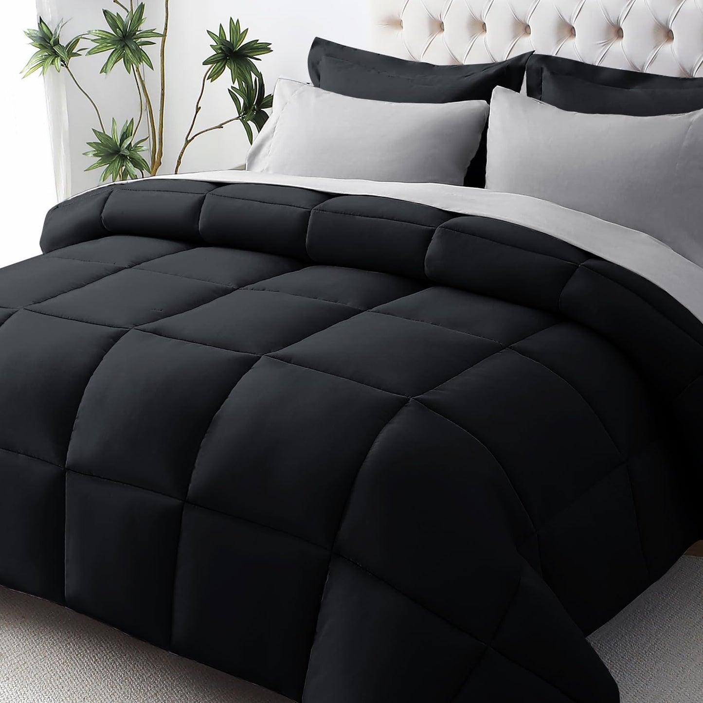 JOLLYVOGUE Queen Comforter Set, Ultra-Soft Bed in a Bag Queen Size 7 Pieces, Oeko-TEX Certified Bedding Set with Down Alternative Comforter, Sheets, Pillowcases & Shams, Black