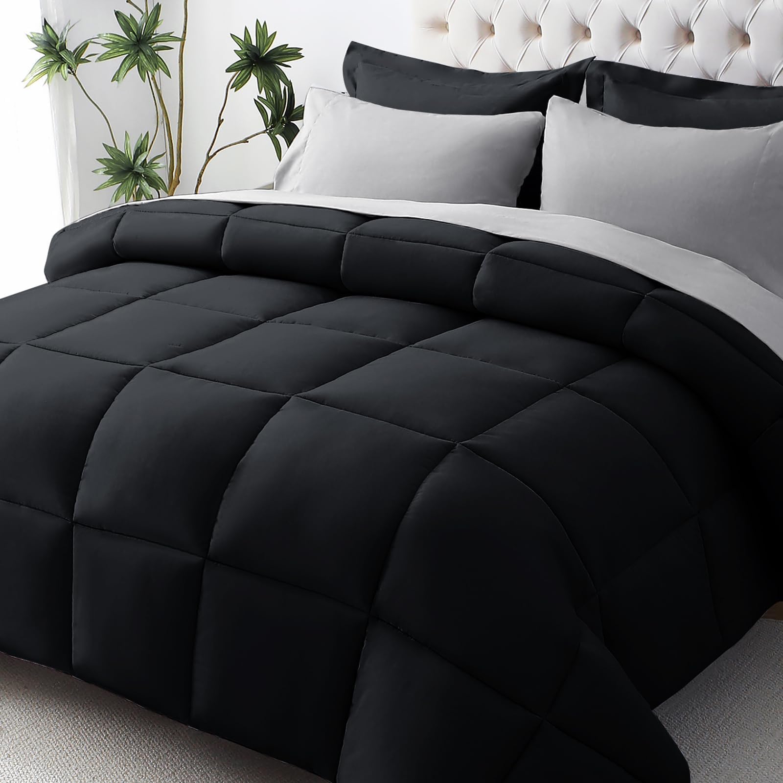 JOLLYVOGUE Queen Comforter Set, Ultra-Soft Bed in a Bag Queen Size 7 Pieces, Oeko-TEX Certified Bedding Set with Down Alternative Comforter, Sheets, Pillowcases & Shams, Black