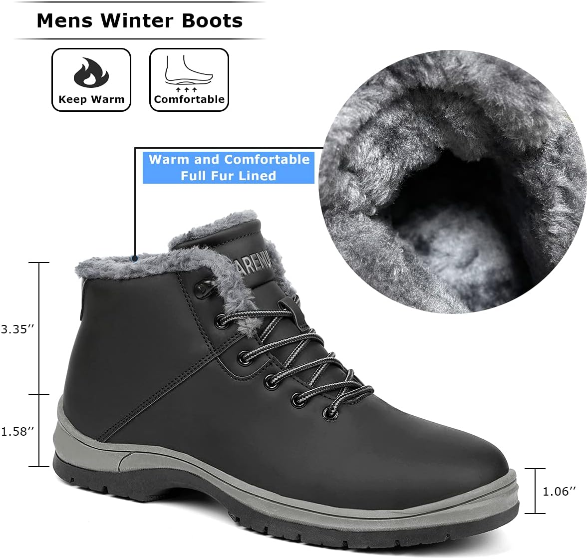 Mens Winter Snow Boots Water Resistant Warm Fur Lined Anti Slip Work Ankle Shoes Casual Lightweight Hiking Outdoor Trekking Boot