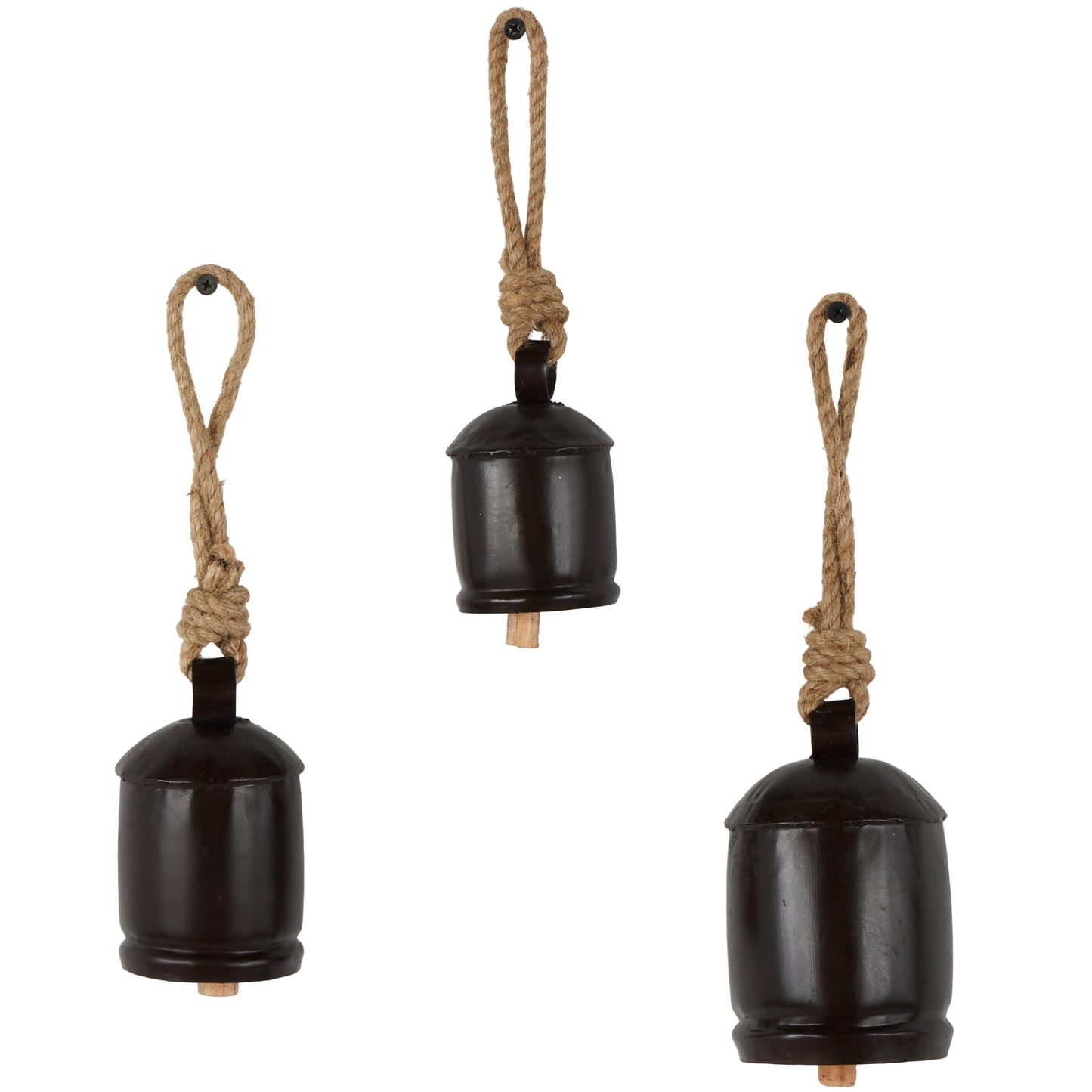 Deco 79 Gold Metal Tibetan Inspired Decorative Giant XL Cow Bells with Jute Hanging Rope, Set of 3 10",8",6"H - Cylindrical