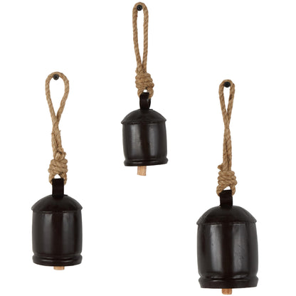 Deco 79 Gold Metal Tibetan Inspired Decorative Giant XL Cow Bells with Jute Hanging Rope, Set of 3 10",8",6"H - Cylindrical