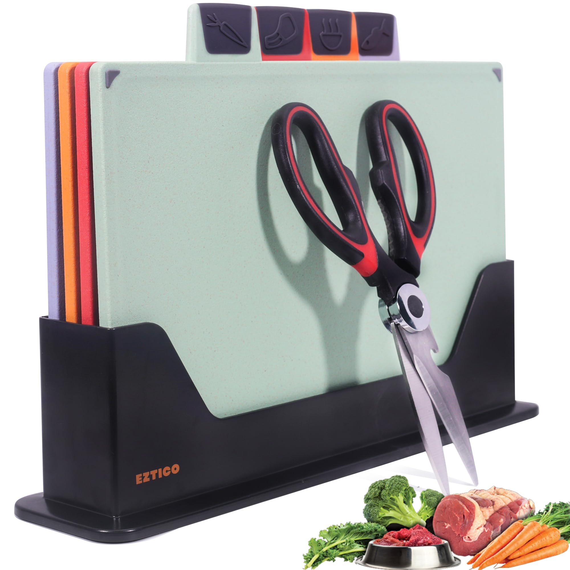 Cutting Board Set: 4-Piece Color-Coded, Non-Slip, BPA-Free, Perfect kitchen essentials for new home, Dishwasher Safe with Premium Scissors and Chopping Board Organizer, Quality kitchen stuff.