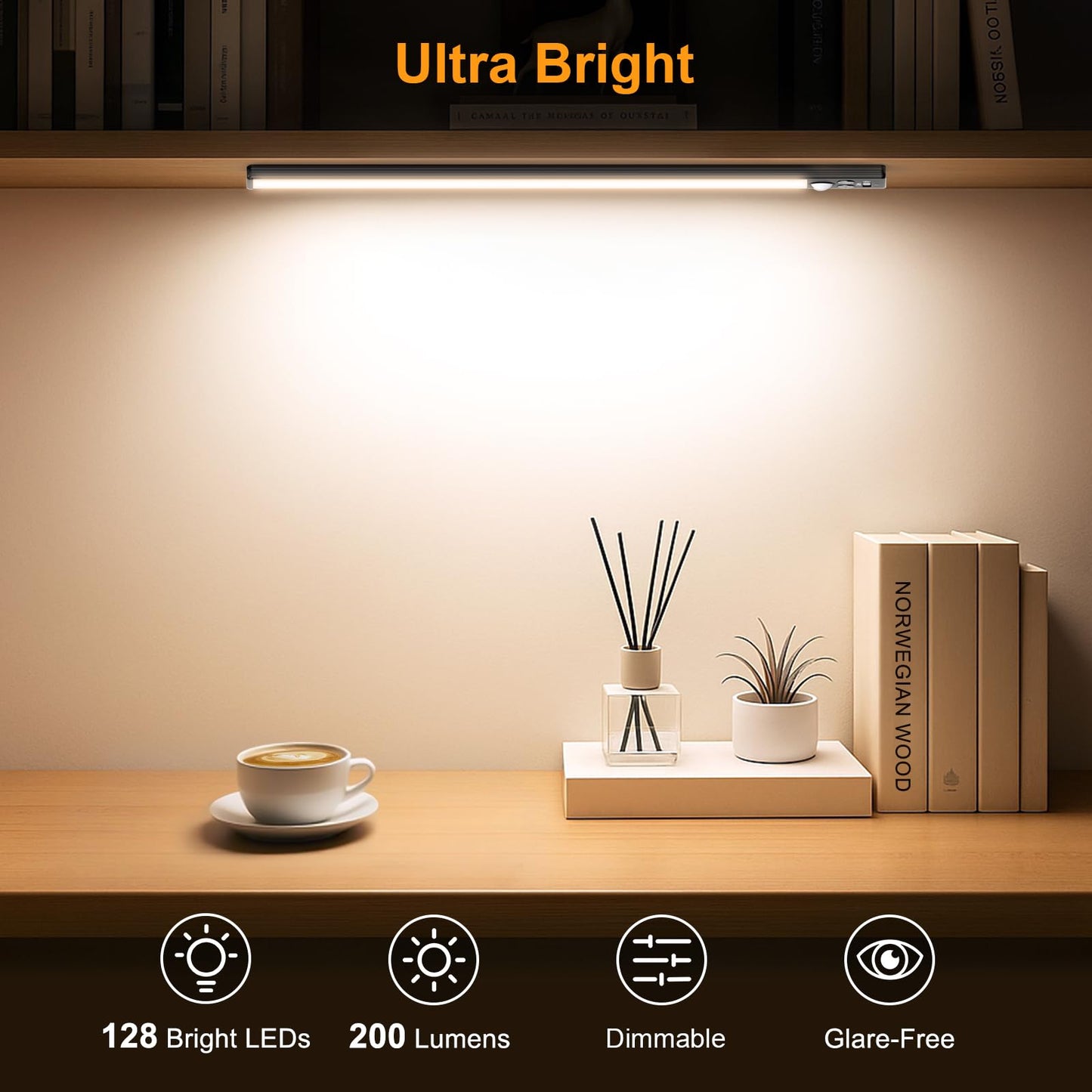 Gritin 10.2inch Under Cabinet Lighting Rechargeable -84 LED Super Bright,3-Color& 5 Level Brightness,4 Modes,Motion Sensor,Long Lasting- Easy Installation Magnetic Under Cabinet Closet Lights -2 Pack
