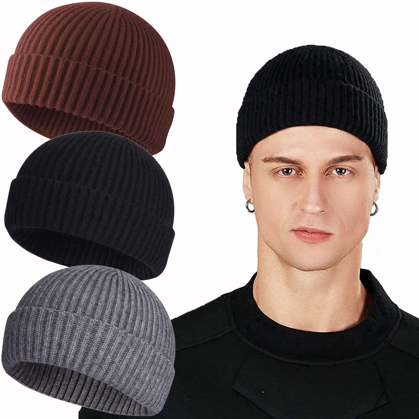 ROYBENS Swag Wool Knit Cuff Short Fisherman Beanie for Men Women, Winter Warm Hats