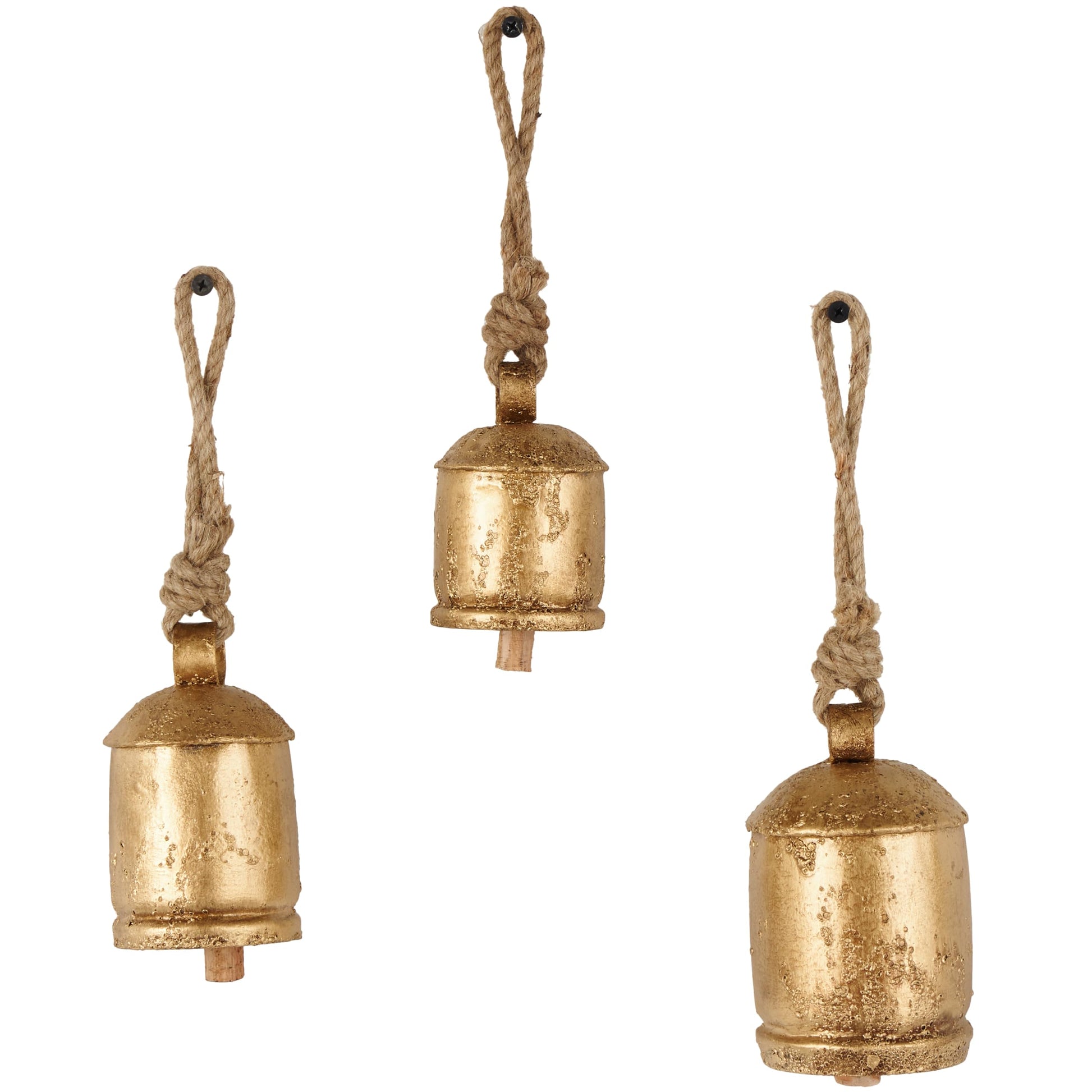 Deco 79 Gold Metal Tibetan Inspired Decorative Giant XL Cow Bells with Jute Hanging Rope, Set of 3 10",8",6"H - Cylindrical