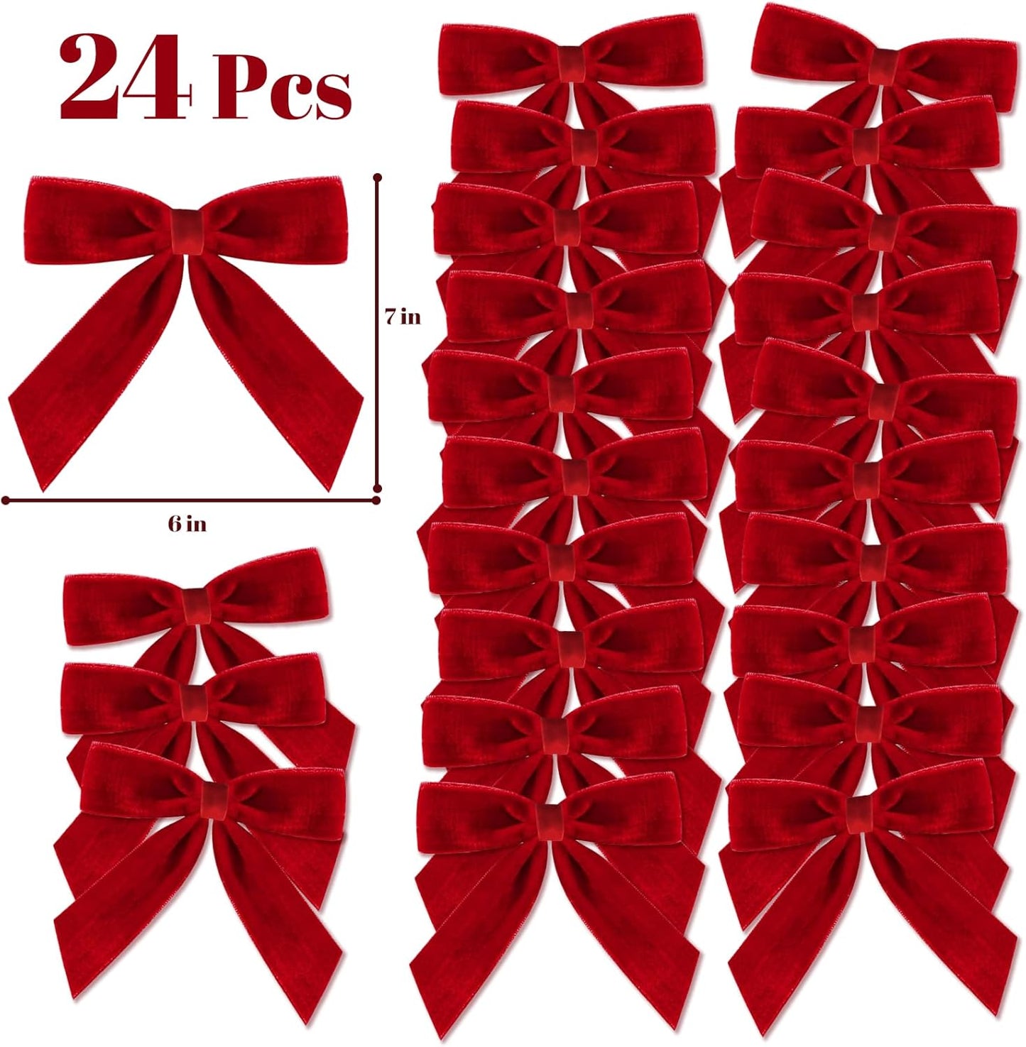 Christmas Decorations - Christmas Bows - 24 Pcs 7 x 6 inch Medium Red Velvet Bows for Christmas Tree - Burgundy Xmas Ribbon Ornaments - Home Decor for Wreath Garland Gift Wrapping Crafts Wedding Party