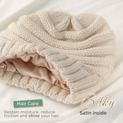 Hat Hut Womens Satin Lined Beanie Winter Hats with Silk Lining for Hair Slouchy Beanie Soft Warm Cable Knit Winter Hat
