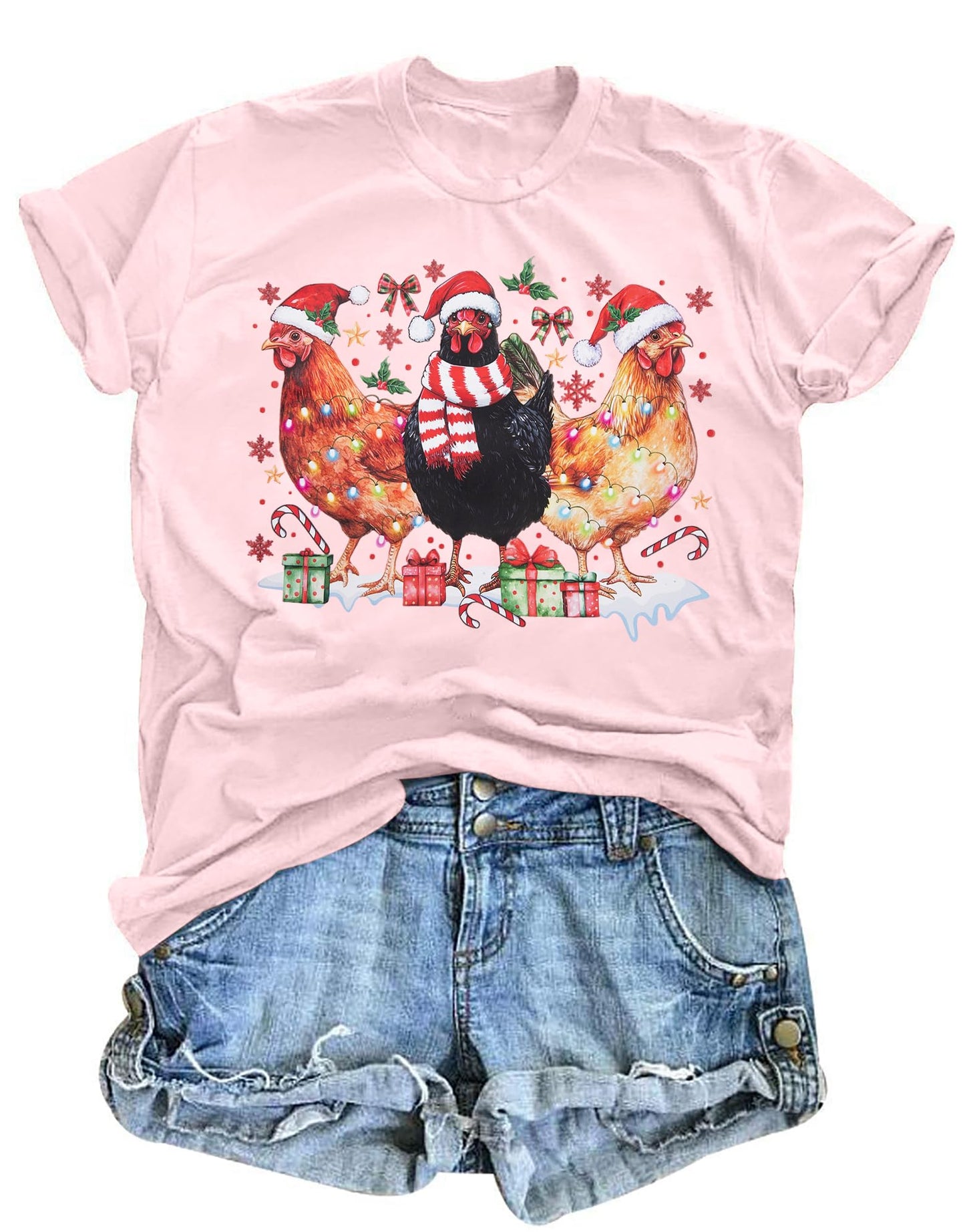 Christmas Chicken Shirt Women: Chicken Mom Tshirt Chicken Lover Cute Animal Graphic Tee Country Farm Holiday Tops