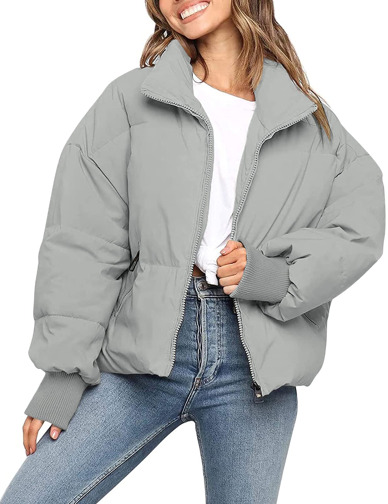 MEROKEETY Women's 2025 Winter Long Sleeve Zip Puffer Jacket Pockets Baggy Short Coats