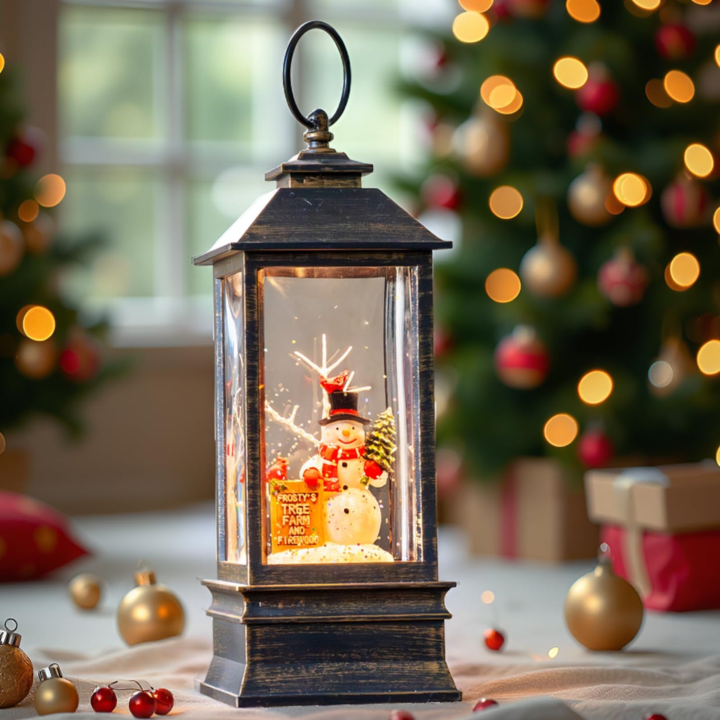Christmas Snow Globes Christmas Water Lantern with Snowy Train Snowman, Music & 6H Timer, USB Lined/Battery Operated Lighted Lanterns for Xmas Festival Decoration Gifts