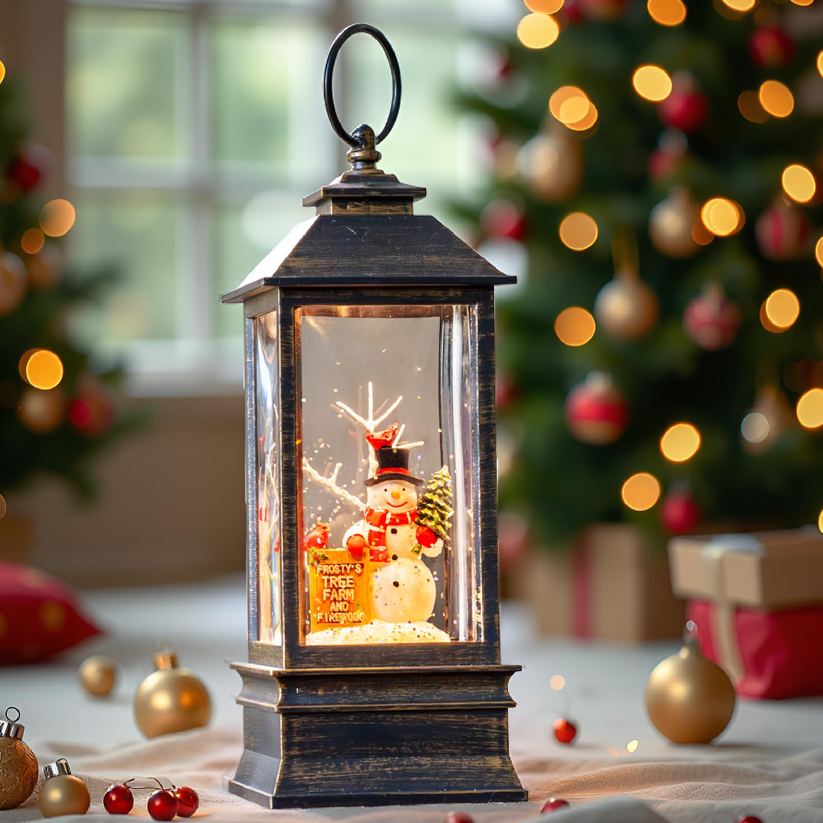 Christmas Snow Globes Christmas Water Lantern with Snowy Train Snowman, Music & 6H Timer, USB Lined/Battery Operated Lighted Lanterns for Xmas Festival Decoration Gifts