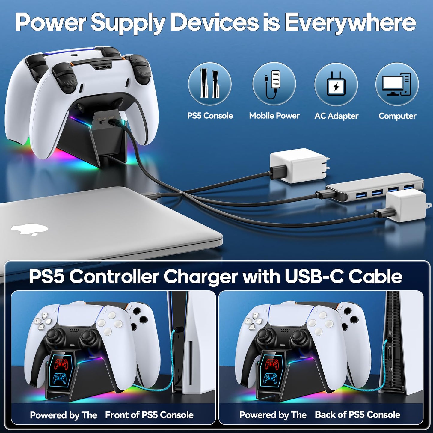 PS 5 Controller Charger Station Compatible with PlayStation 5 Faceplates Edge & Dual Controller, 9 Lightings PS 5 Accessories Charging Station, PS 5 Dock Stand with LED Indicator & On-Off Switch
