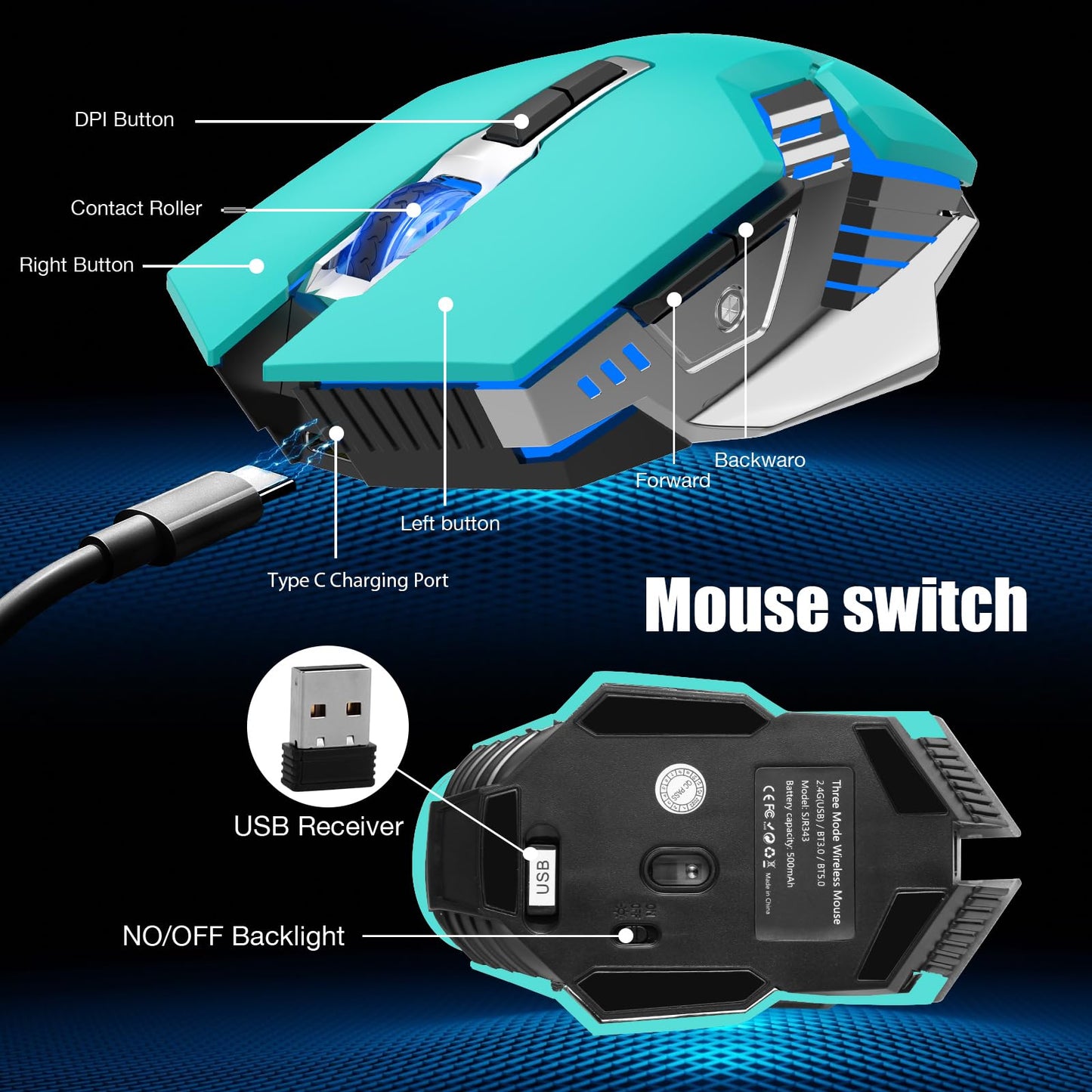 Bluetooth Gaming Mouse, RGB Rechargeable USB Wireless Mouse, Quiet Click, LED Backlit, Ergonomic, with Side Button, 6 Button, DPI Adjustable, Computer Mice for Laptop PC MacBook Chromebook - Grey