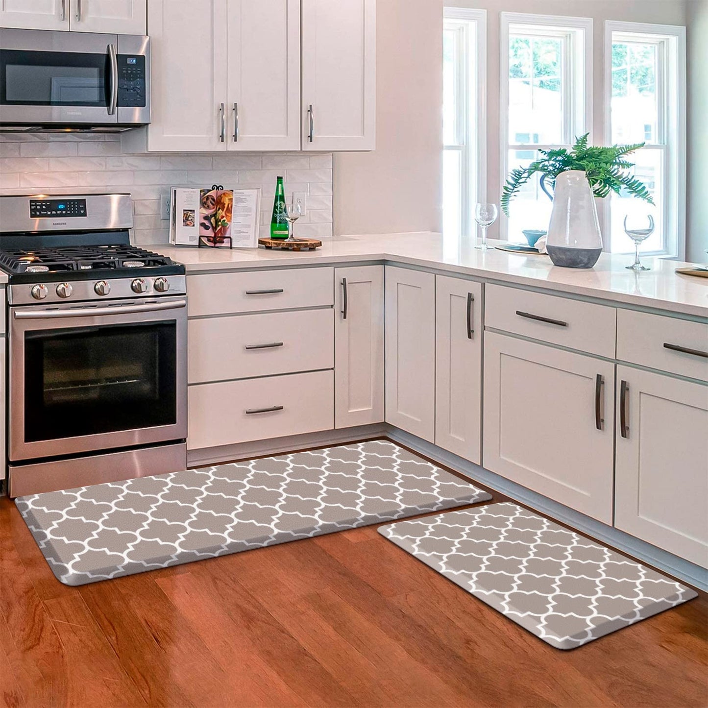 KMAT Kitchen Mat [2 PCS] Cushioned Anti-Fatigue Kitchen Rug, Waterproof Non-Slip Kitchen Mats and Rugs Heavy Duty PVC Ergonomic Comfort Foam Rug for Kitchen, Floor Home, Office, Sink, Laundry,Grey