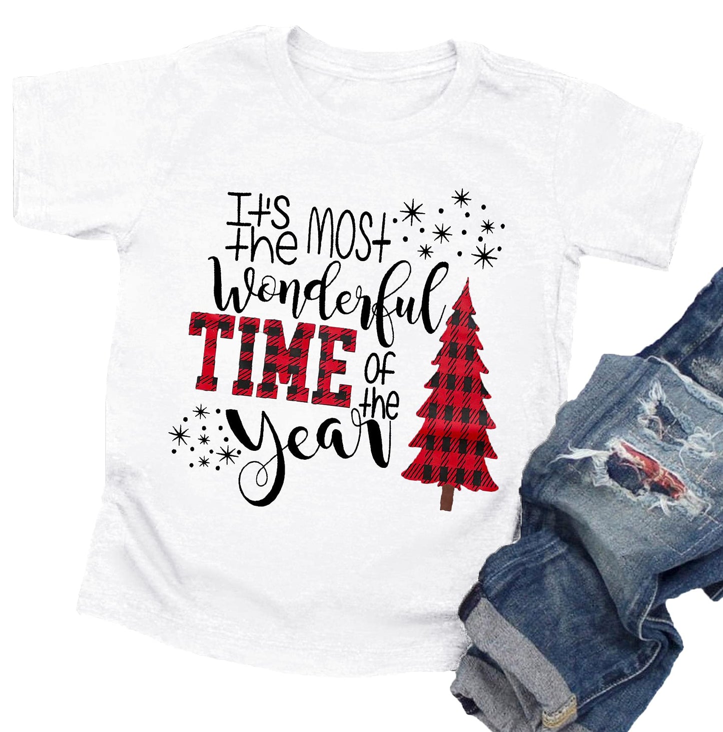 Christmas Shirts Toddler Boys Girls Xmas Buffalo Plaid Trees T-Shirt Christmas Graphic Tees Holiday Tops